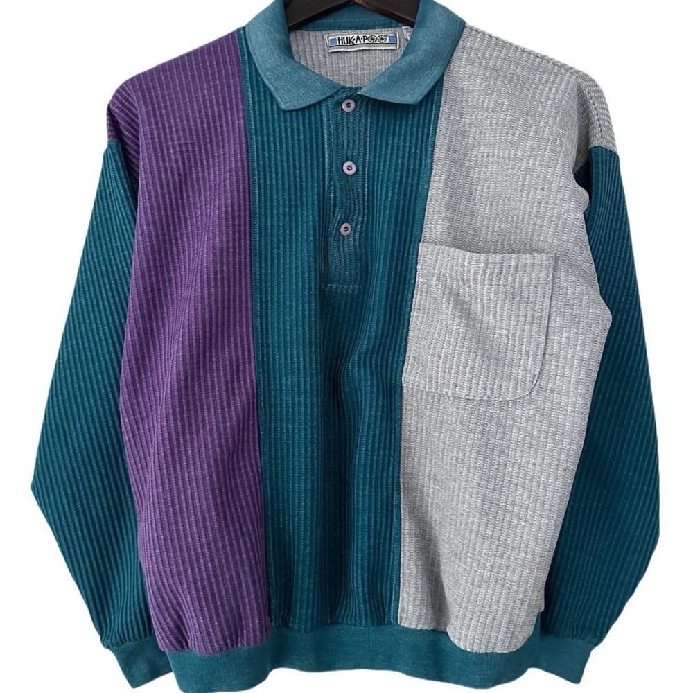 SOLD 80s VTG Hukapoo Waffle Knit Long Sleeve Pocket Polo Sweater XXL Groovy Hip